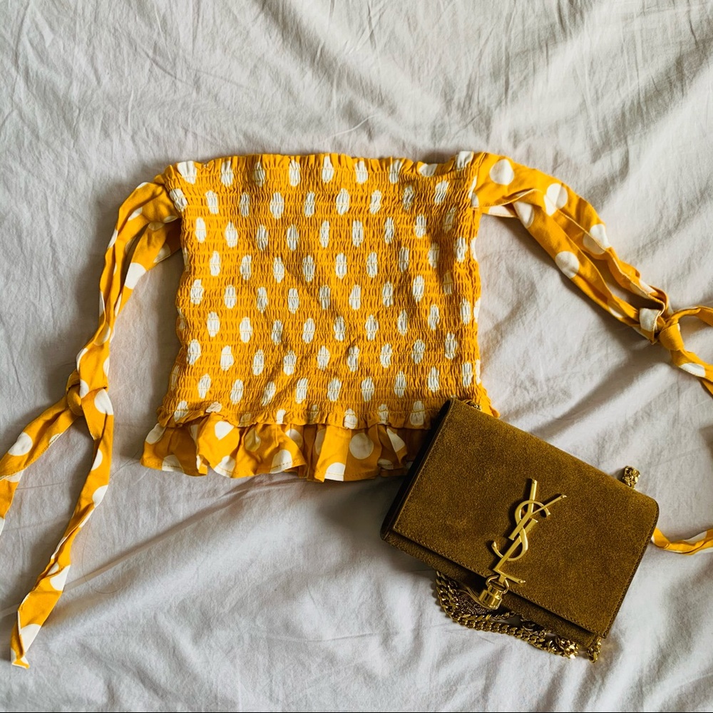 Yellow polkadotted stretchy tube top w/ ribbons